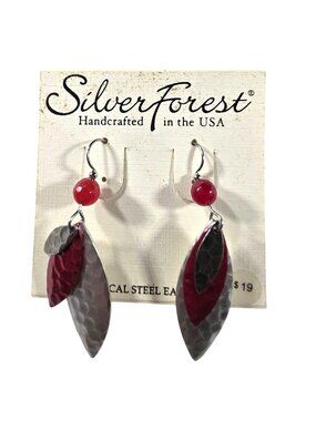 Earrings Red Silver tone Leaf Surgical Steel Earwire Made In USA silver forest